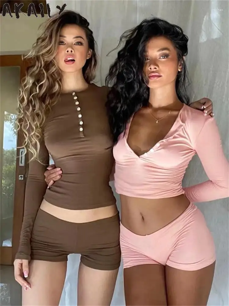 Women's Tracksuits Akaily Spring Brown Casual 2 Two Piece Sets Vacation Outfits For Women 2024 Pink Long Sleeve Button Crop Tops Short Pants