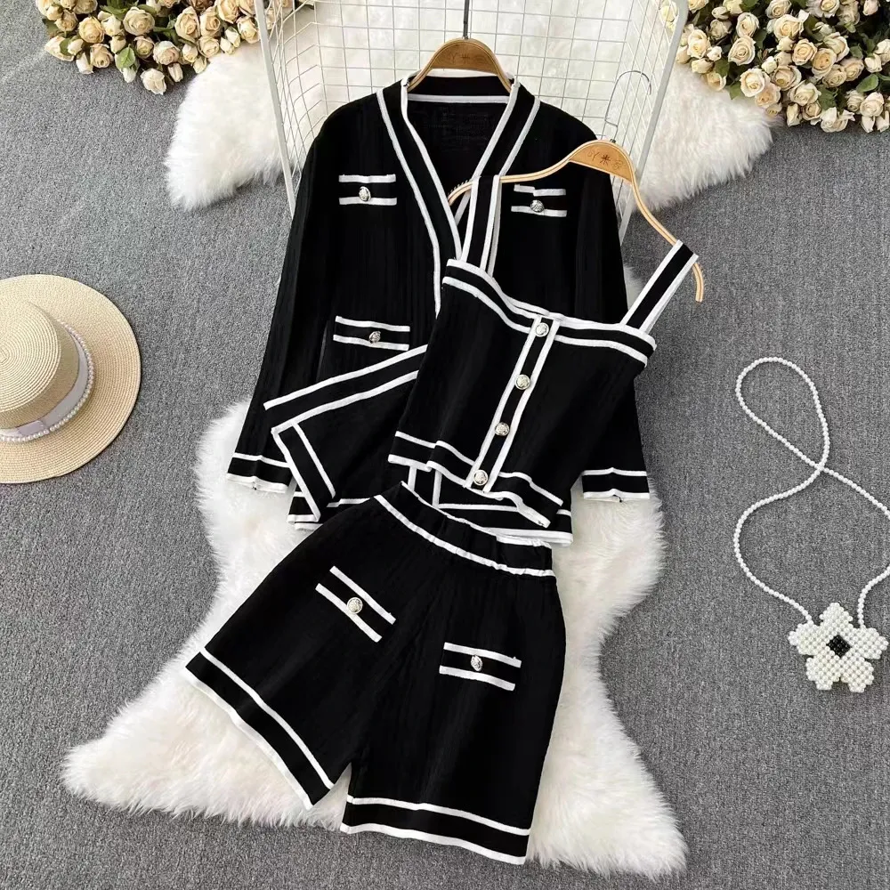 Women Sweater Pant Set 3 Pieces Casual Tank Cardigans Suits Autumn Winter Sticked Shorts Ol Elegance Topps Elastic Sweaterpants 240326