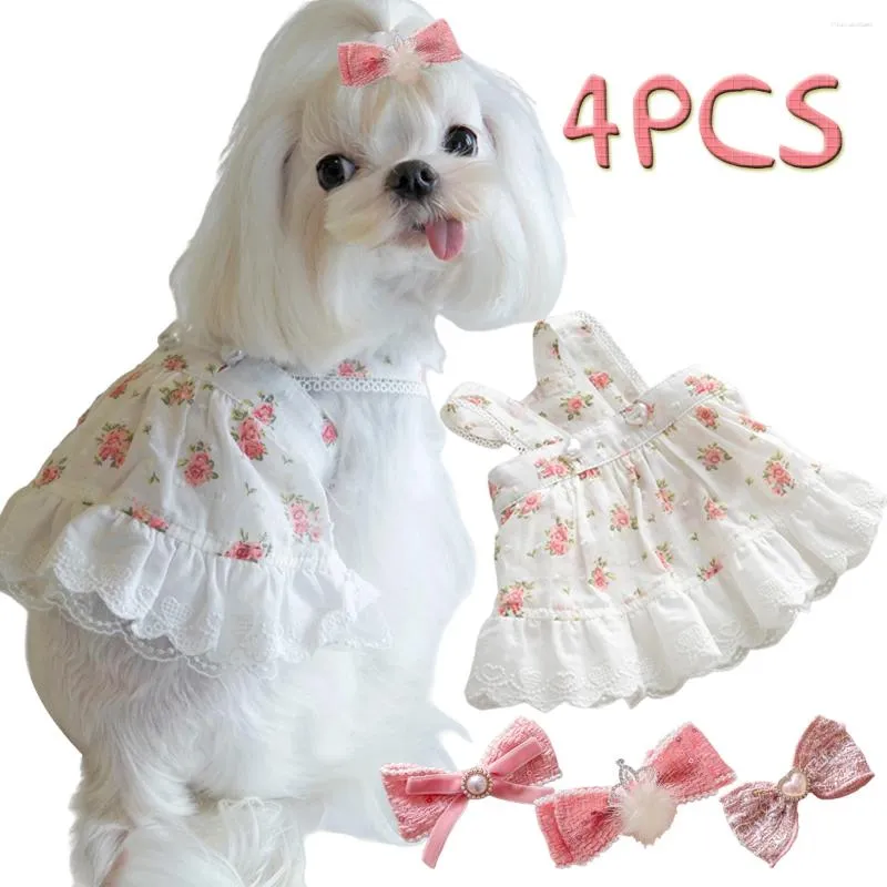 Dog Apparel Shih Tzu Clothing And Hair Clip Set Pink Princess Pet Outfit Collection Floral Attire Puppy Accessories