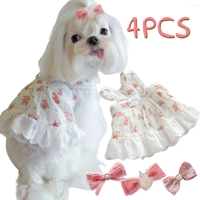 Vêtements pour chiens shih tzu vêtements et pince à cheveux ensemble rose princesse animal de compagnie collection de tenue de tenue de tenue de chiot accessoires