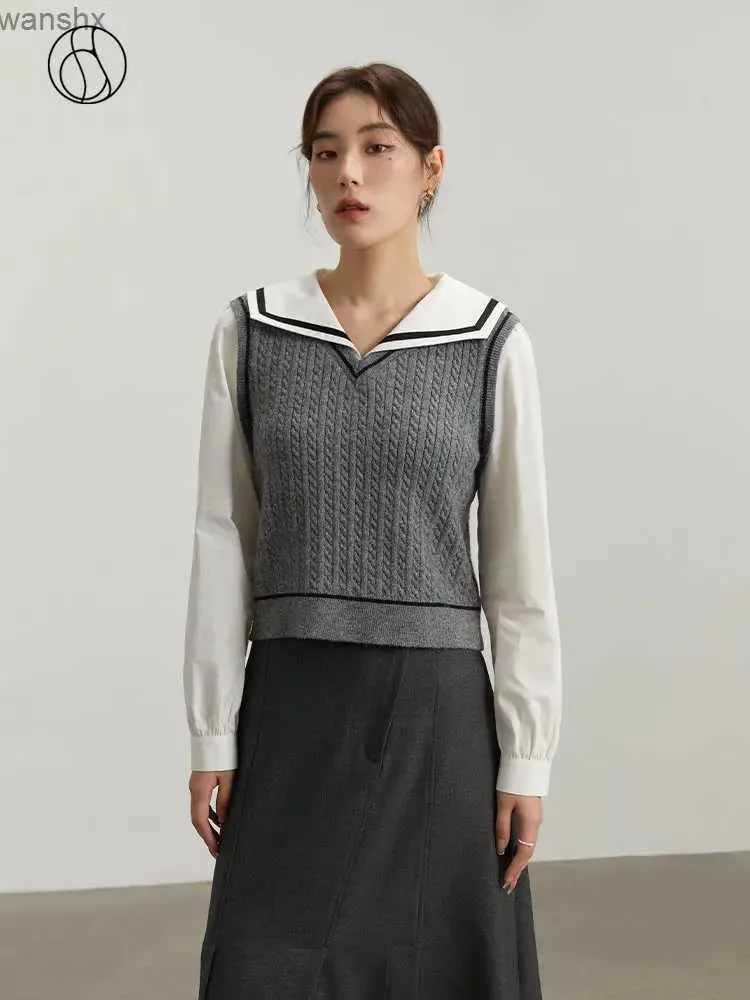 女性用ブラウスシャツDushu College Style Contrastスプレッチネイビーブルーネックラインレディース冬2022新しいフルスリーブレディスジッパーシングルピースsetl240328