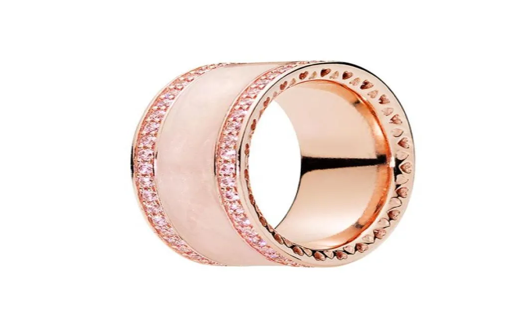 Bague de coeur en émail rose en or rose pour femmes et hommes, bijoux de mariage en argent sterling 925 pour bagues de fiançailles en diamant CZ avec boîte d'origine8937915