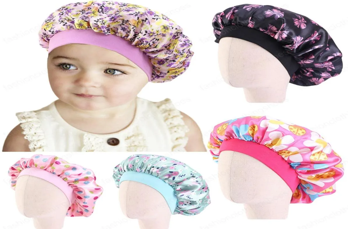 Barnflickor Sleep Cap Floral Print Satin Bonnet Turban Hat Night Soving Beanie Chemo Headwear Hair Care Cover Children Headwarp9182609