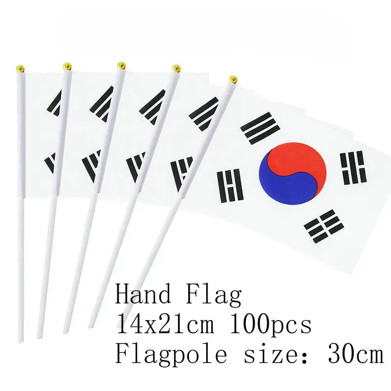 Tillbehör Zwjflagshow Korea Handflagga 14*21cm 100st polyester Sydkorea liten hand vinkar flagga med plastflaggstång för dekoration