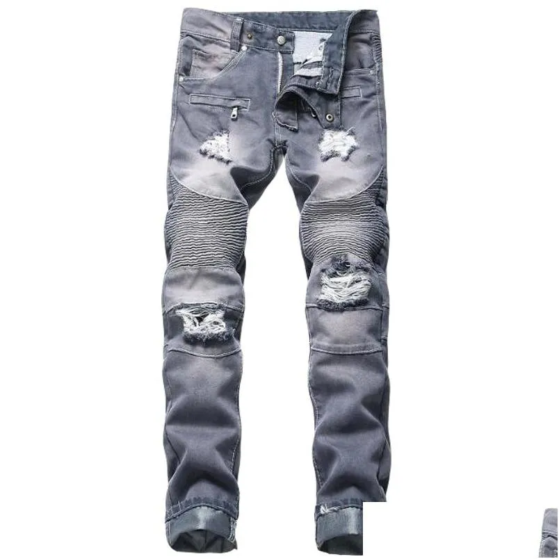 Männer Jeans Jewuto Männer Marke Hohe Qualität Loch Gerade Moto Biker Denim Hosen Für Schwarz Blau Drop Lieferung Bekleidung Kleidung Dhan6