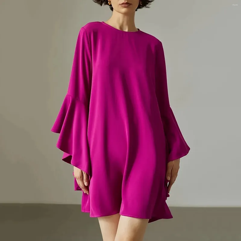 Casual Dresses Ladies Elegant Plus-size Ruffle Edge Flare Sleeve Rose Red Dress Loose O-neck Pullover Vestido Robe