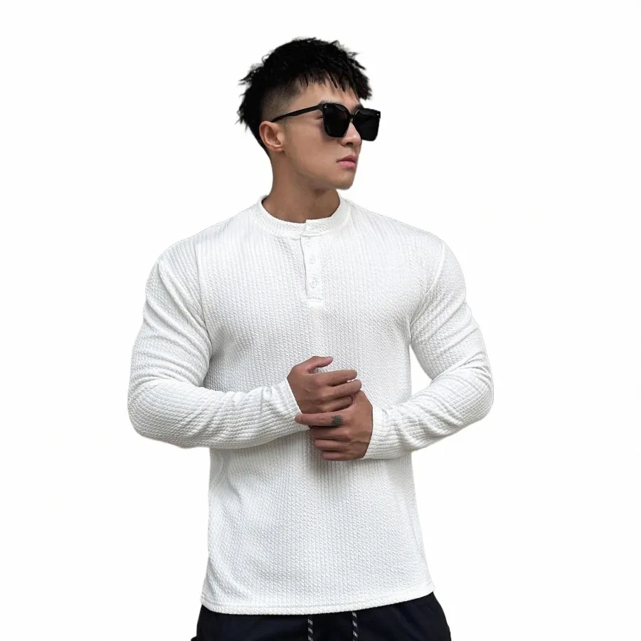 Gym Sports Fitn Mens LG Sleeve T-Shirt Streetwear Fi Casual Henry Shirt Bodybuilding Training Clothing Bottomskjorta P8AL#