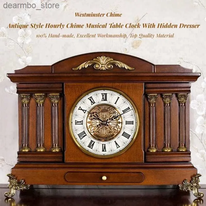 Zegar stolika biurka Europejska antyczna zegar stolika Vintage Retro Musical Chime Drewniany zegarek z ukrytą komodą Duży rozmiar ReloJ vintage Sobremesa 24327