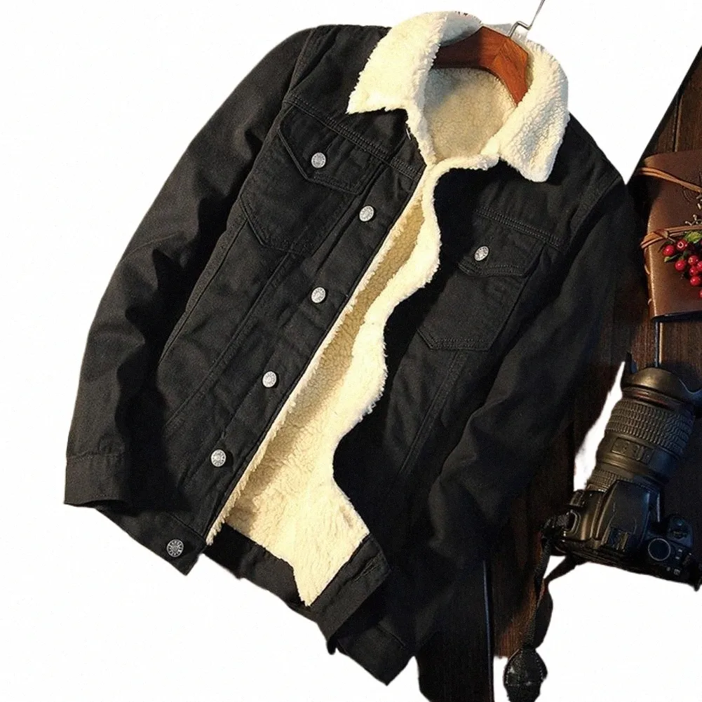 Мужская джинсовая куртка с отложным воротником, однобортная, сплошной цвет, с рукавами Lg, зимнее джинсовое пальто с лацканами, плюшевая подкладка, утолщенное джинсовое пальто p9GR #