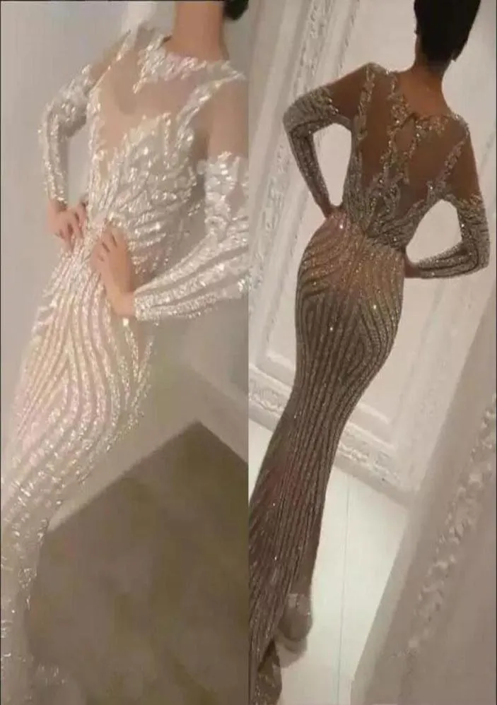 Yousef Aljasmi Luxury Long Sleeves Sequins Silver Mermaid Prom Dresses Sexy Sheer Jewel Neck Evening Wear Beads Celebrity Prom Gow4703831