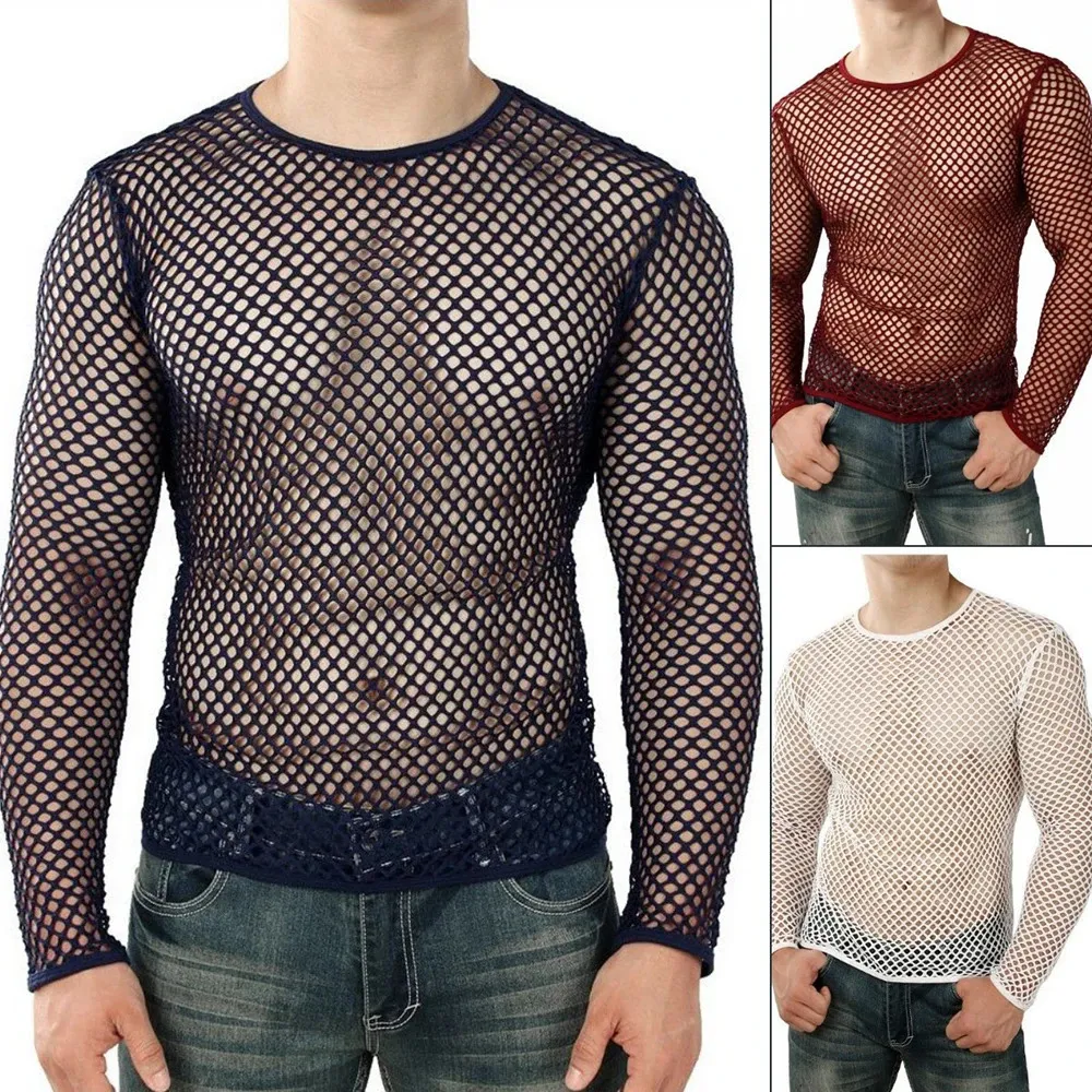 Men Transparent Sexy Mesh T Shirt 2024 See Through Fishnet Long Sleeve Muscle Undershirts Nightclub Party Perform Top Tees 240327
