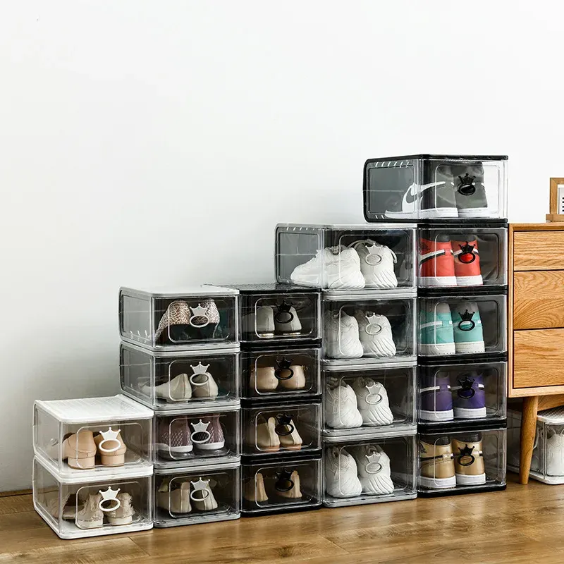 Bacs Boîtes de rangement pour baskets en acrylique, rangement de chaussures pliable, brique fantastique, plastique Transparent, anti-poussière, armoire à chaussures, outil de rangement