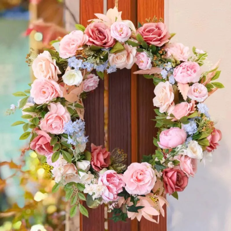 Decoratieve bloemen Hand geweven rattan ring pieker bloem rozenkrans voor voordeur roze pioenrozen met bloemen welkom boerderij