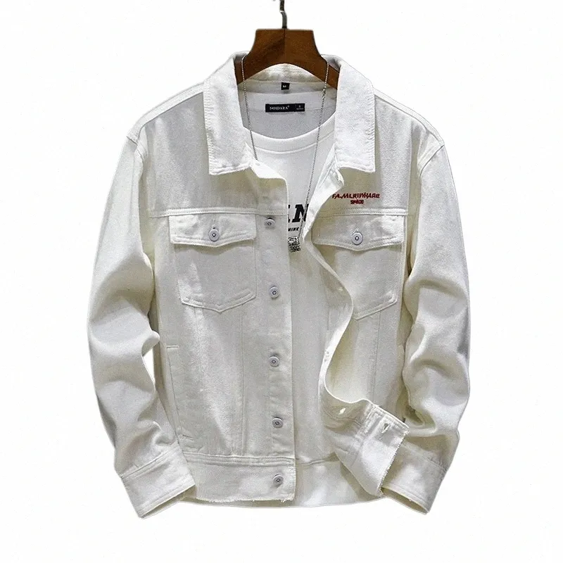 Spring Autumn Men's Black White Denim Jacket FI Letter Printing Stor storlek 5xl Herrtrend Löst ungdoms Jeans Jacket T02X#