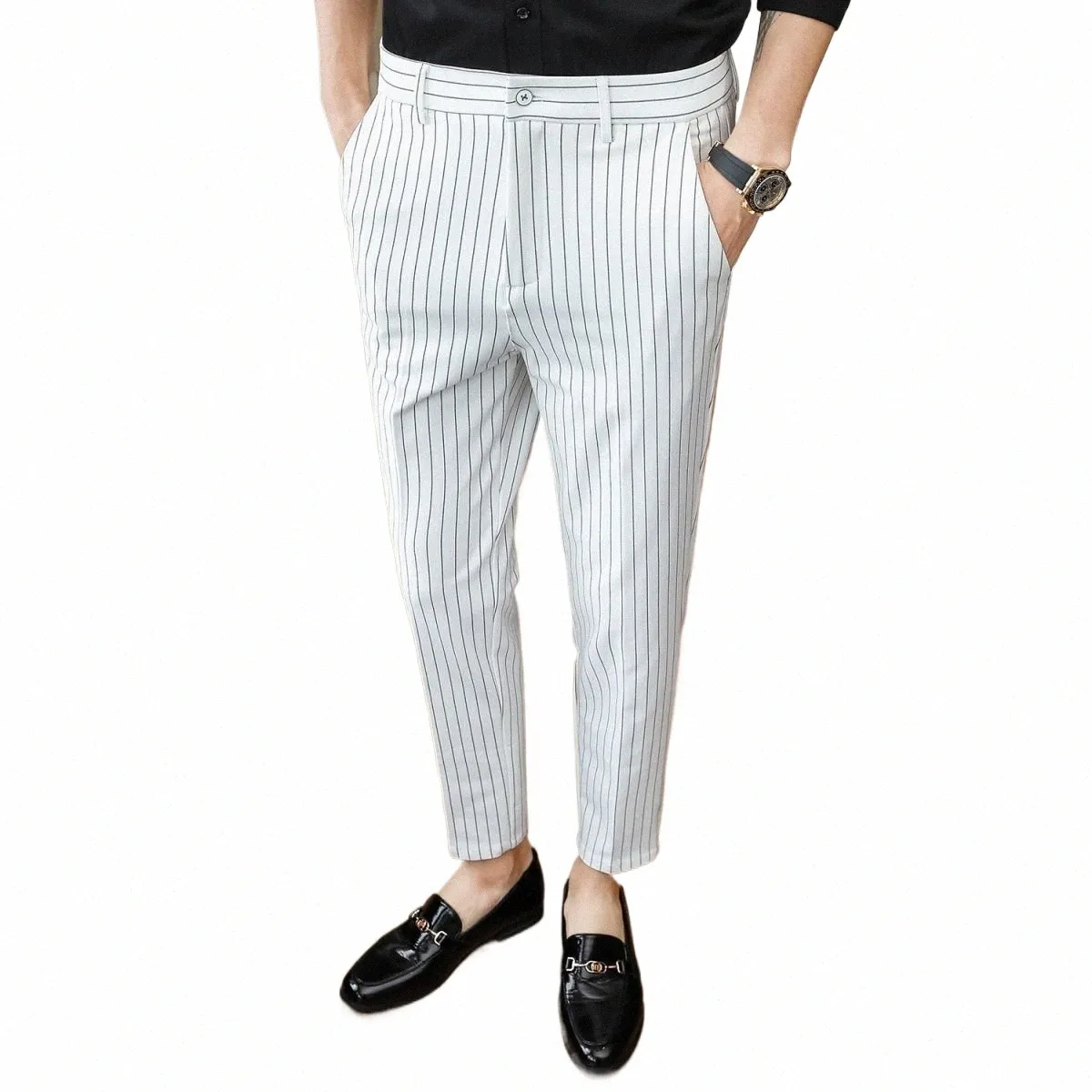 2023 Men High Quality Stripes Busin Suit Trousers/Male Slim Fit Pure Suit Trousers Casual Formal Mens Dr Pants 36 A27 E6an#