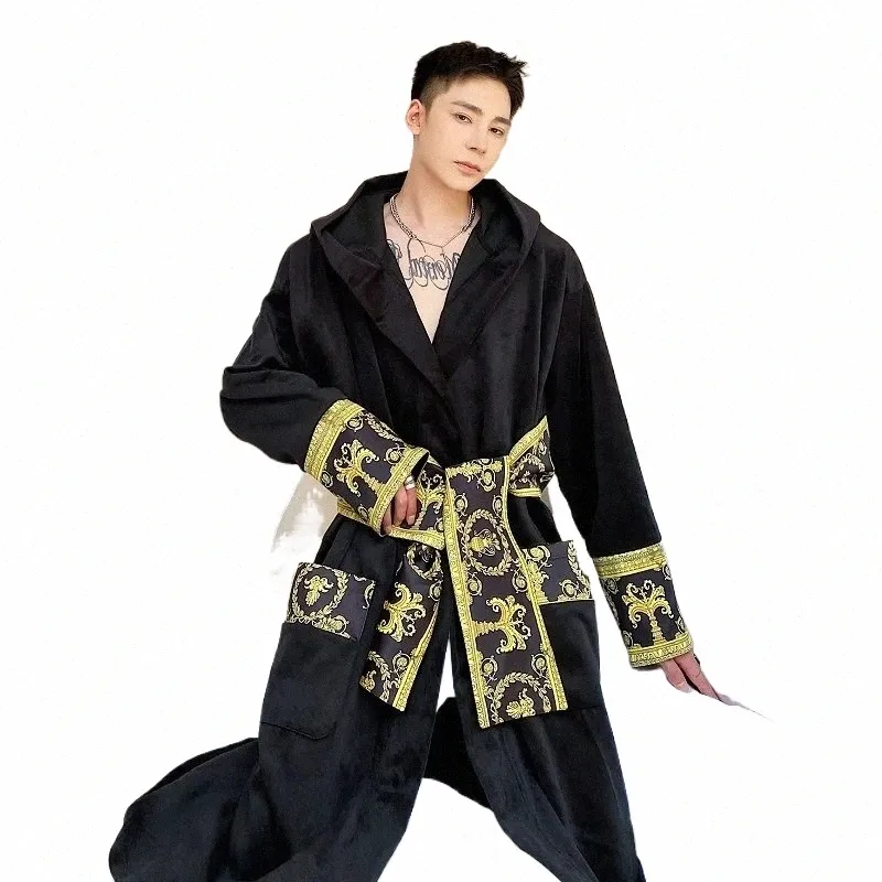 luzhen 2024 New Trendy Luxury Elegant Loose Lg Hooded Cardigan Coat Men's Stylish Veet Nightgown Robes Belted Clothes 962e93 N6Y3#