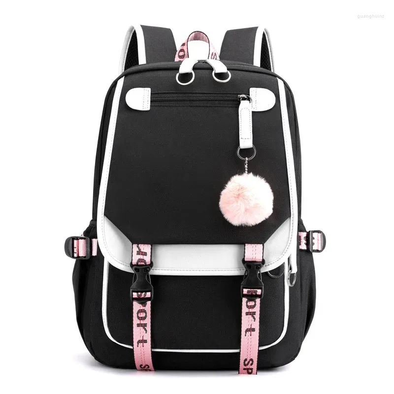 School Bags Large For Fashion Black Pink Teen Backpack Teenage Girls USB Port Canvas Schoolbag Student Book Bag Mochila