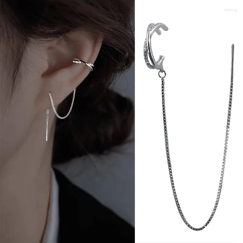 Baumeln Ohrringe Koreanische Silber Farbe Kreuz Clip Kette Quaste Linie Für Frauen Zwei-Tragen Mode Geometrische Kreative Design Schmuck geschenk