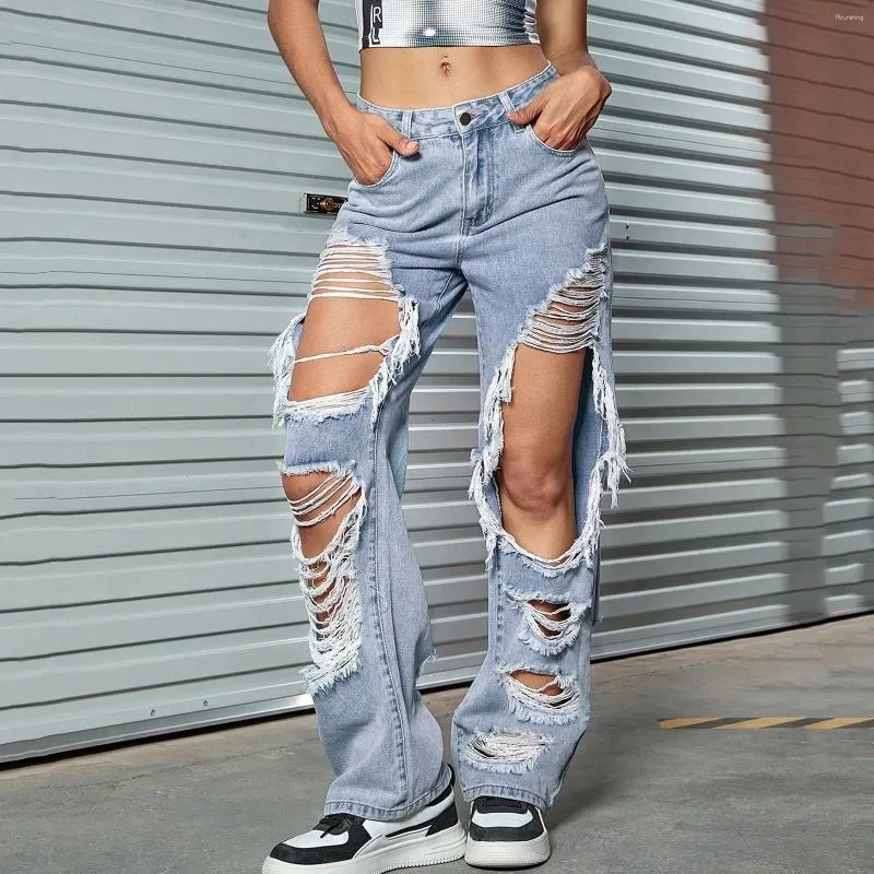 Jeans femininos 2024 rasgado cintura alta vintage roupas femininas moda coreana buracos calças jeans retas streetwear y2k hip hop