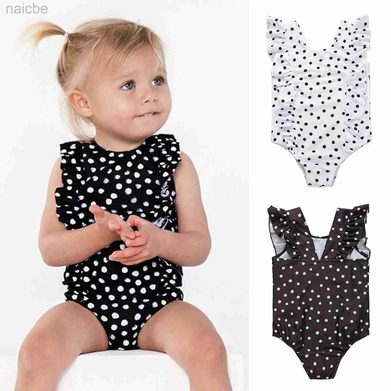 One-Pieces Hot New Toddler Kid Baby Girls Polka Dots Swimwear Ruffled Trim Bow Back Swimsuit Cute One Piece Outfit Beachwear Bathing Suit 24327