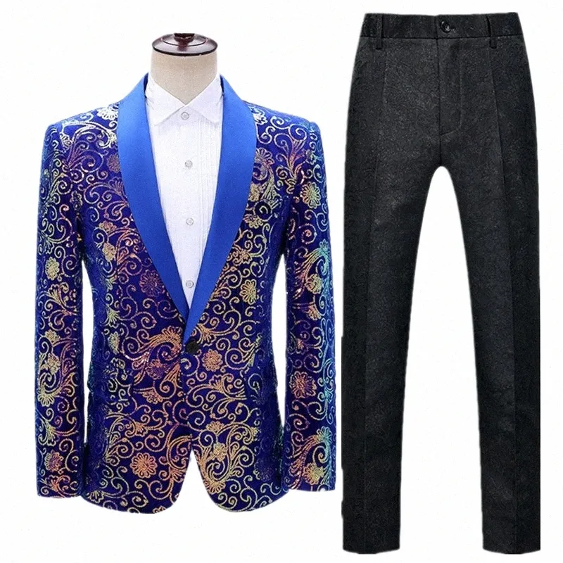 mens Stage Prom Suits Gold Sier Plaid Sequin Jacket Pants Men Dance Festival Christmas Halen Party Costume Homme M-2XL 3XL l5N3#