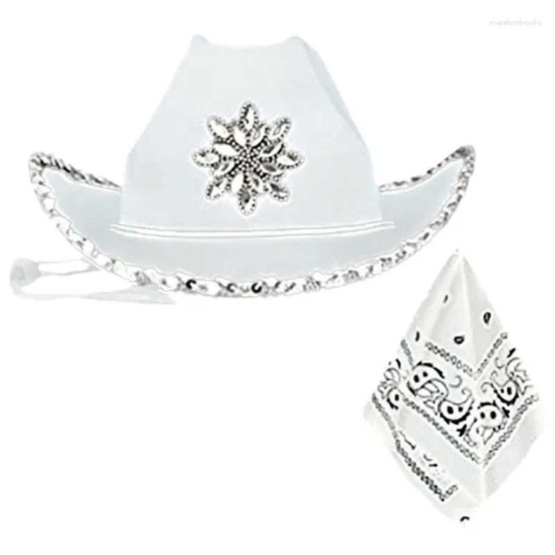 Basker 2st rullade upp brims cowboy hattar cashew blomma kerchiefs set för kvinna karnevaler pografis paljetter trim cowgirl hatt
