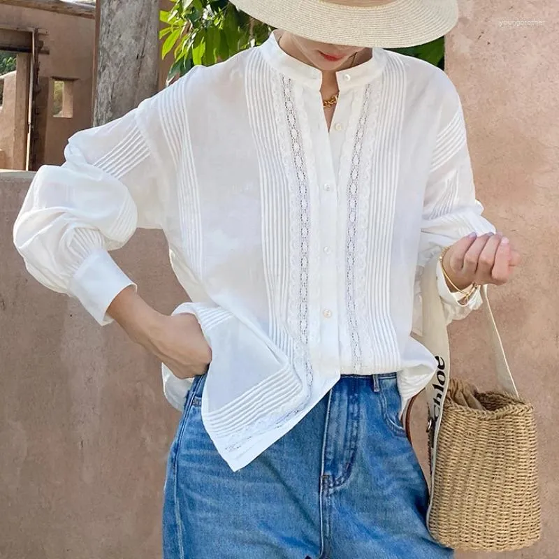 Damesblouses Losse casual katoenen shirts voor dames met lange mouwen Wit Boho Lente Zomer Dames Tops Vakantie Kanten blouse