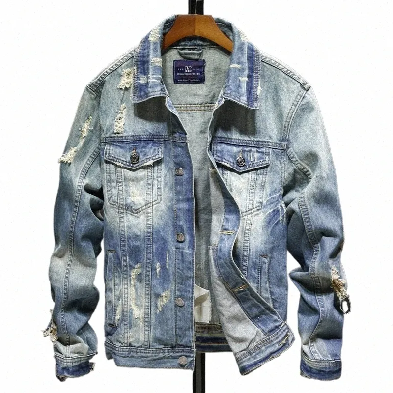 Printemps et automne Denim vestes hommes Cowboy Slim Fit trou veste hommes déchiré Jean veste Hip Hop Streetwear manteaux grande taille M9RW #