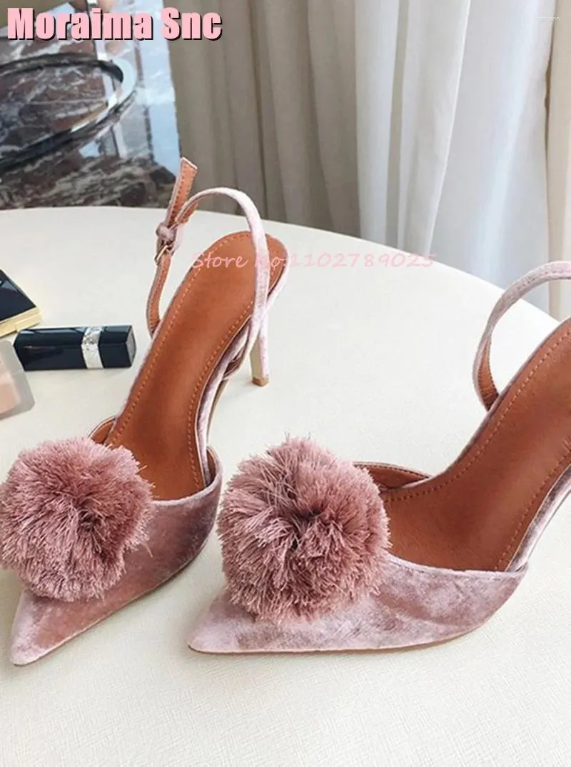 Sandals 2024 Velvet Fur Ball Pointed Toe Stiletto High Heel Back Strap Sexy Women Shoes Summer Banquet Party Runway Fashion