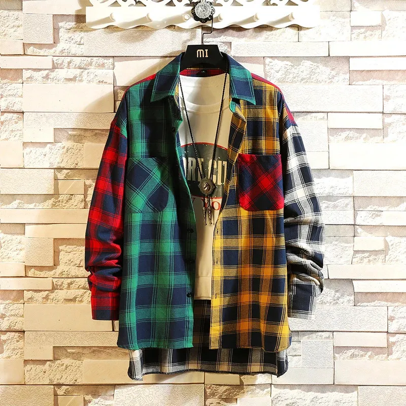 HARAJUKU PLAID Långärmad skjorta Mens Casual Loose Hip Hop Fashion Shirt Polo med avslappnad plus-skjorta Päls 5xl-M 240306