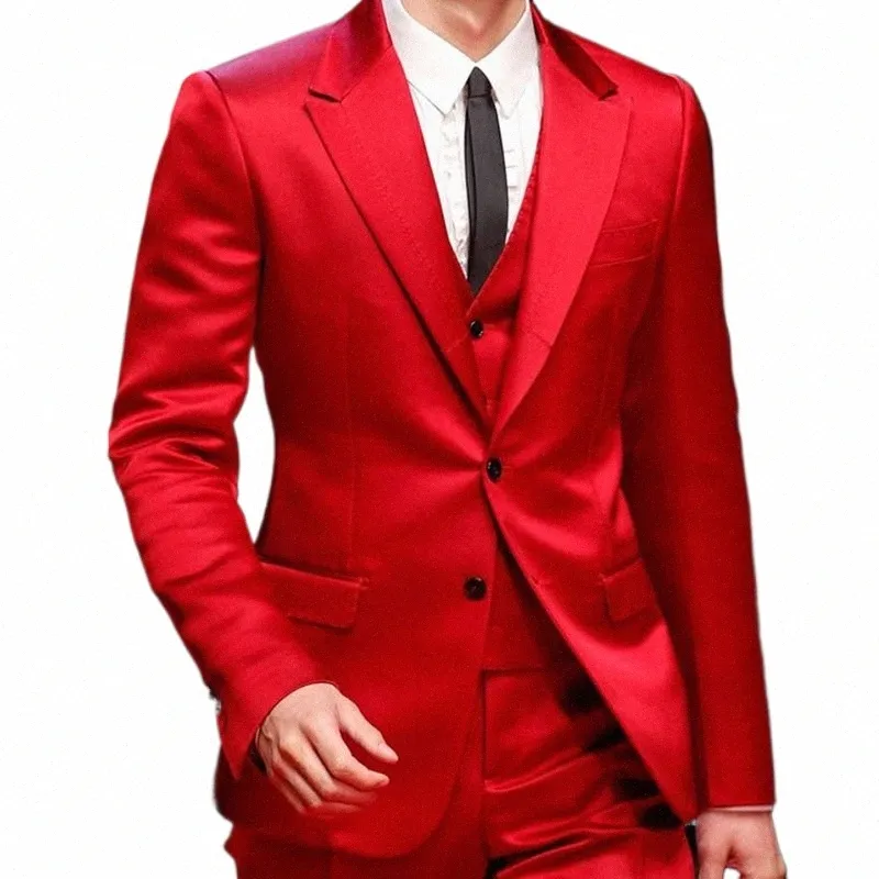 Slim Fit Red Men Suits For Prom Singer Stage 3 Piece Satin Wedding Groom Tuxedo Male Fi Jacket Waistcoat With Pants 2023 P8DT#