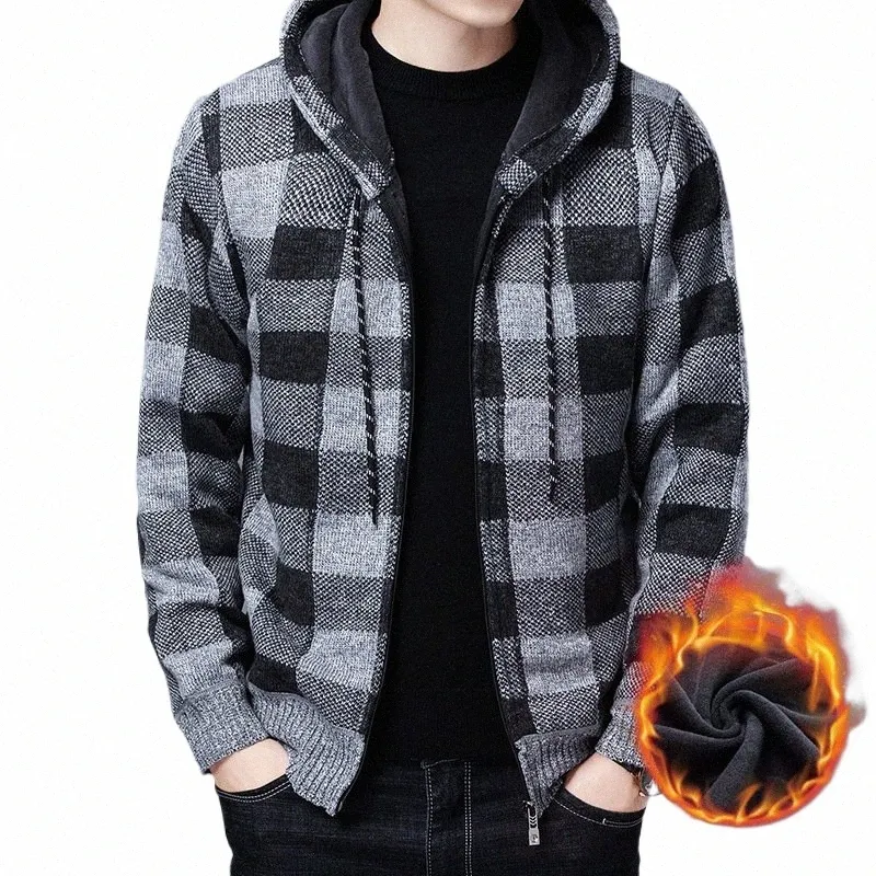 Hommes Pull Veste Fi Manteau d'hiver Sweats à capuche en polaire de haute qualité de luxe à carreaux à capuche en tricot Cardigan Homme Vêtements chauds N4ex #