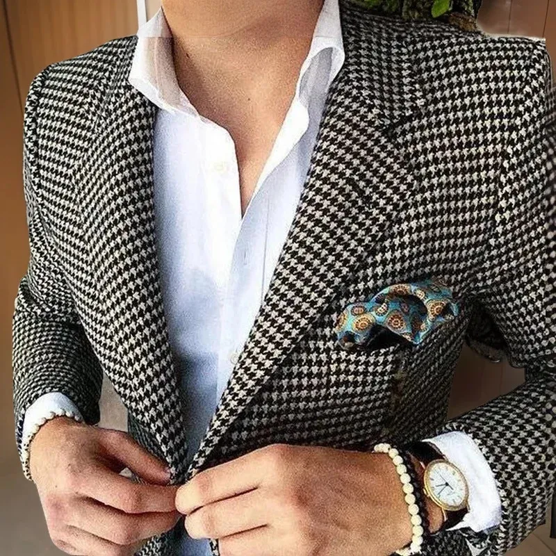 Plaid Suit Jacket for Men 1 Pc Notch Lapel Houndstooth Business Blazer for Wedding Party Fashion Coat Size XS-5XL Ready to ship 240314