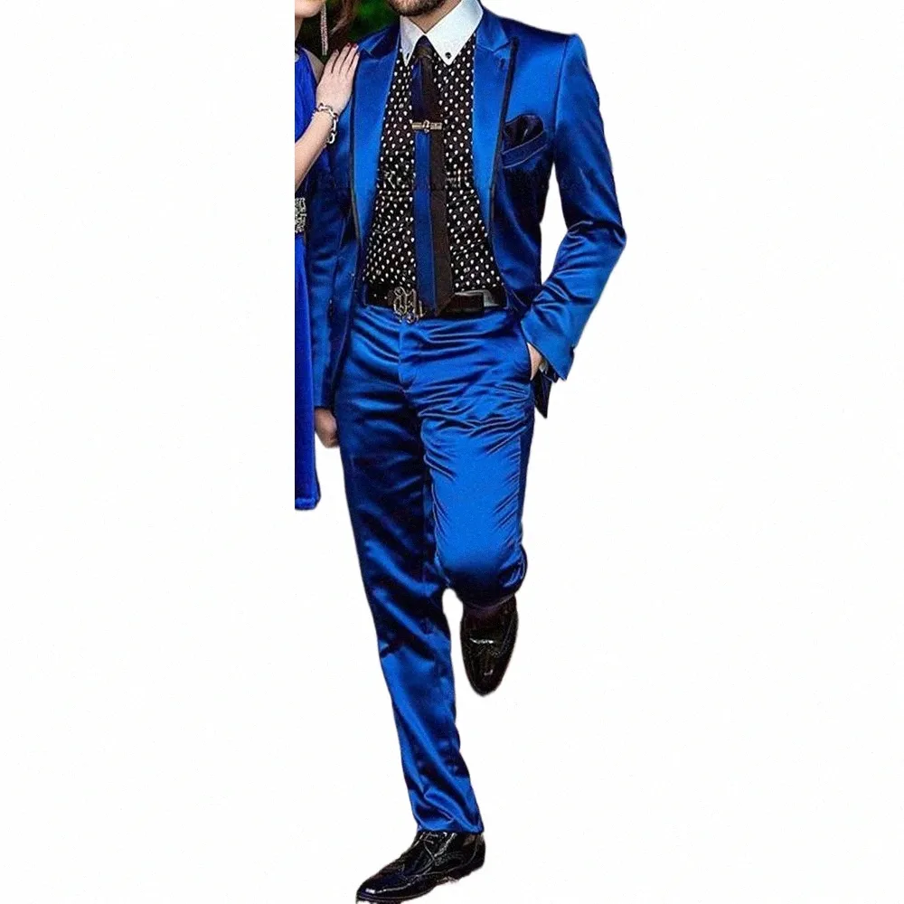 Fi Royal Blue Satin Hommes Costumes Set Chic Bal Dîner De Mariage Tuxedo Slim Fit Costumes De Marié Personnalisé Brillant Blazer Pantalon 50nF #