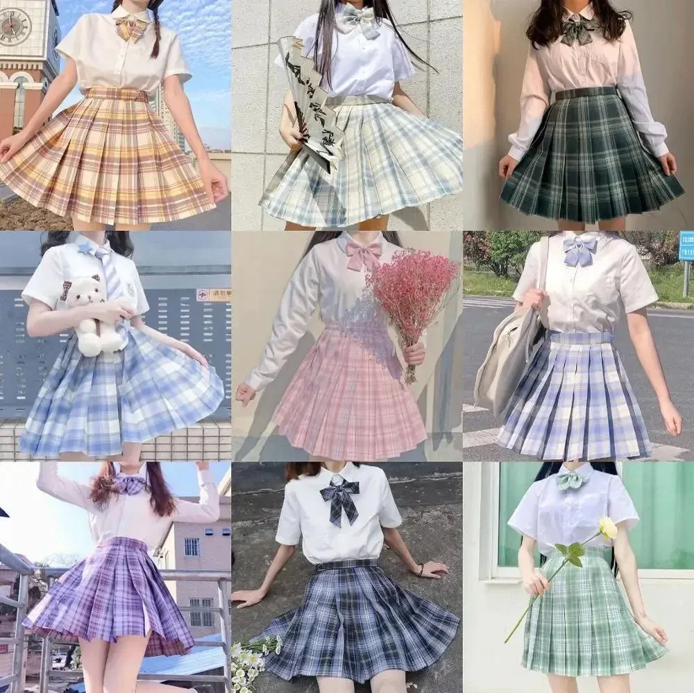 Korean School Girls Uniform Pleated Skirts Japanese High Waist ALine Plaid Skirt Sexy JK Uniforms Woman Full set 240325