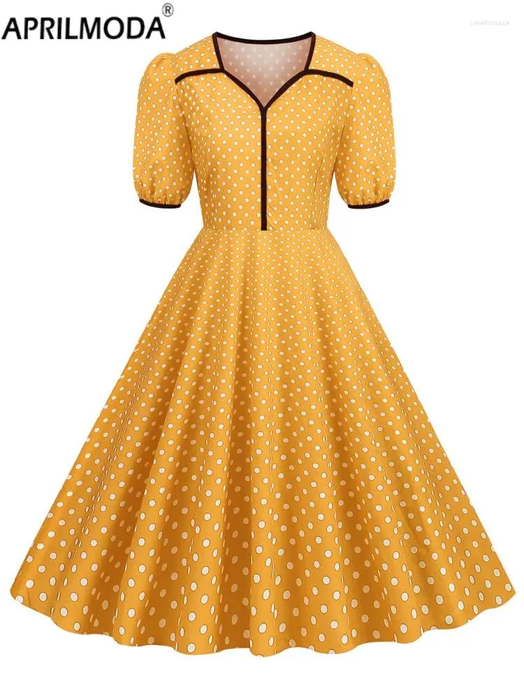 Vestidos de fiesta Summer Swing Flare Vintage Vestido de mujer Manga corta de soplo de lunares Imprimir Midi Elegante 50s Robe Runway A Line