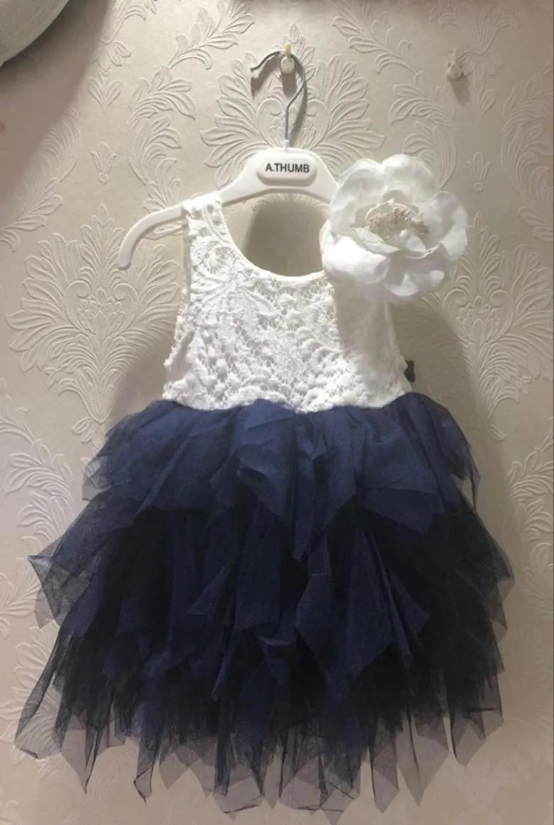 Enfants au détail fleurs stéréo dentelle tulle tutu robes filles dos Vneck tulle gâteau robe enfant marine genou longueur robe de mariée 6451846308761