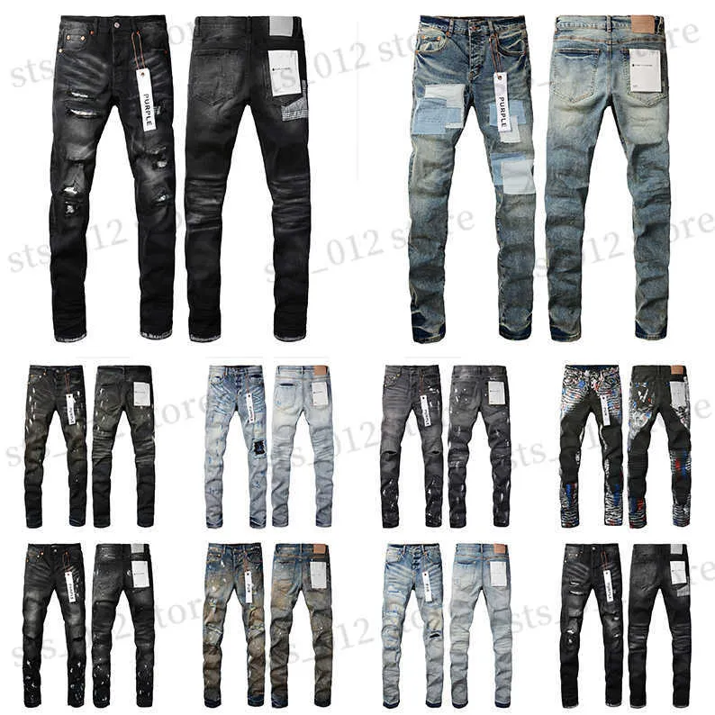 Mäns jeans Purple Jeans Mens Jean Högkvalitativ unik designstil med hål Slim Fit Bikers Denim Jeans For Men s Mans Black Slim Fit Pants T240327