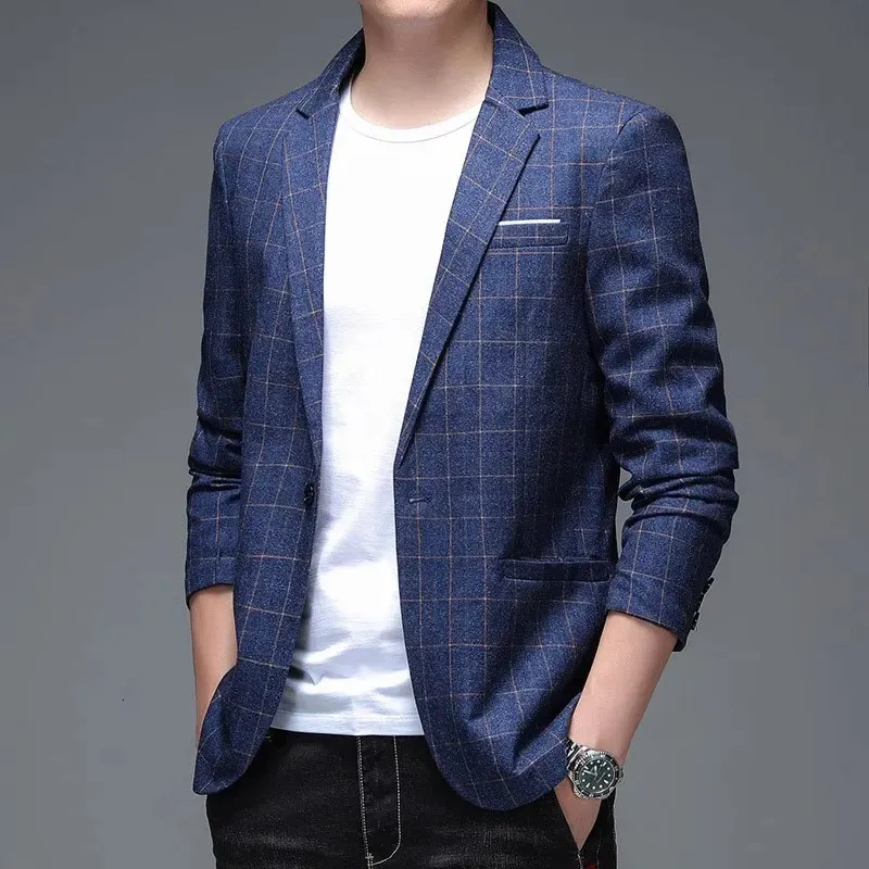 High quality new mens middle-aged and elderly suit business casual fashion checkered single jacket mens polyester 240327