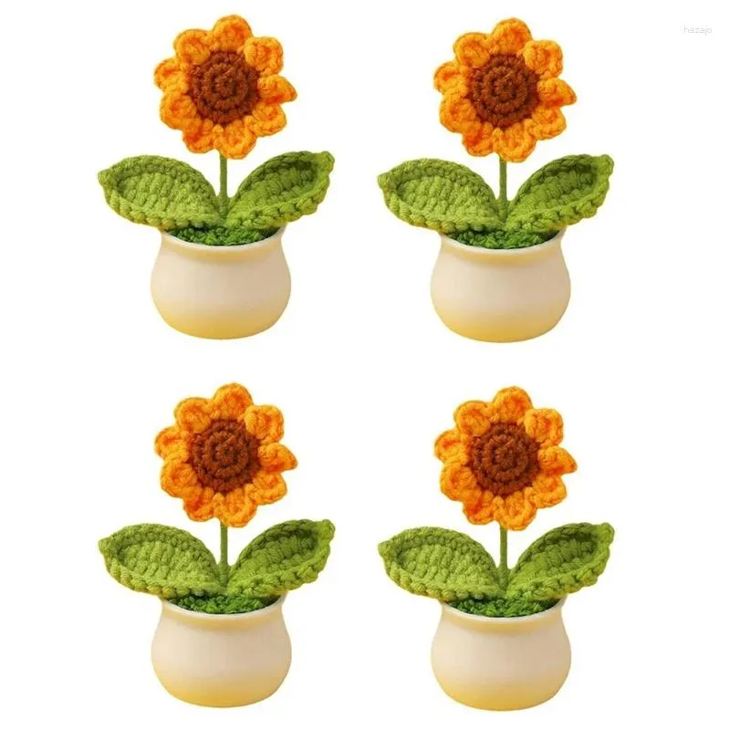 Dekorativa blommor 4 st mini virkning solros krukväxter gul ull plast handgjorda konstgjorda för bilprydnader