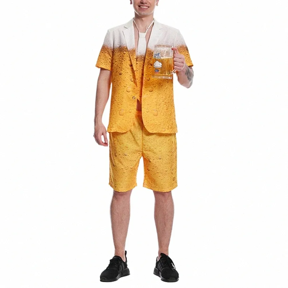 new Men Short Sleeve Halen Cosplay Beer Suit Jacket Pants Funny Humour Bucks Oktoberfest Stag Party Costume Tie Men's Suit R4IS#