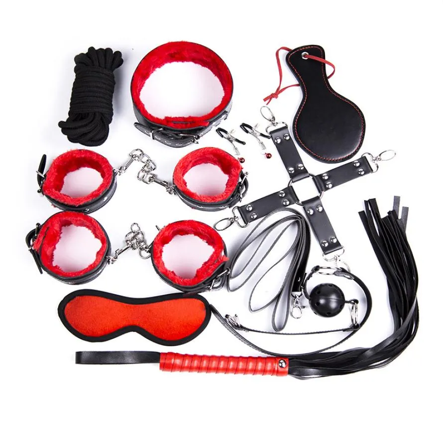 Combinaison de bondage en peluche noire et rouge, 8 ensembles de menottes, menottes, corde en coton, lunettes de fouet, 1087457