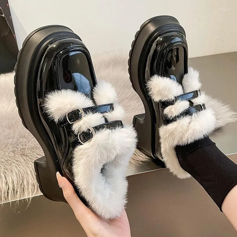 Dress Shoes Preppy Style Fashion Warm Women Outwear Casual Black Platform Korean Mary Jane Pumps 2024 Winter Chic