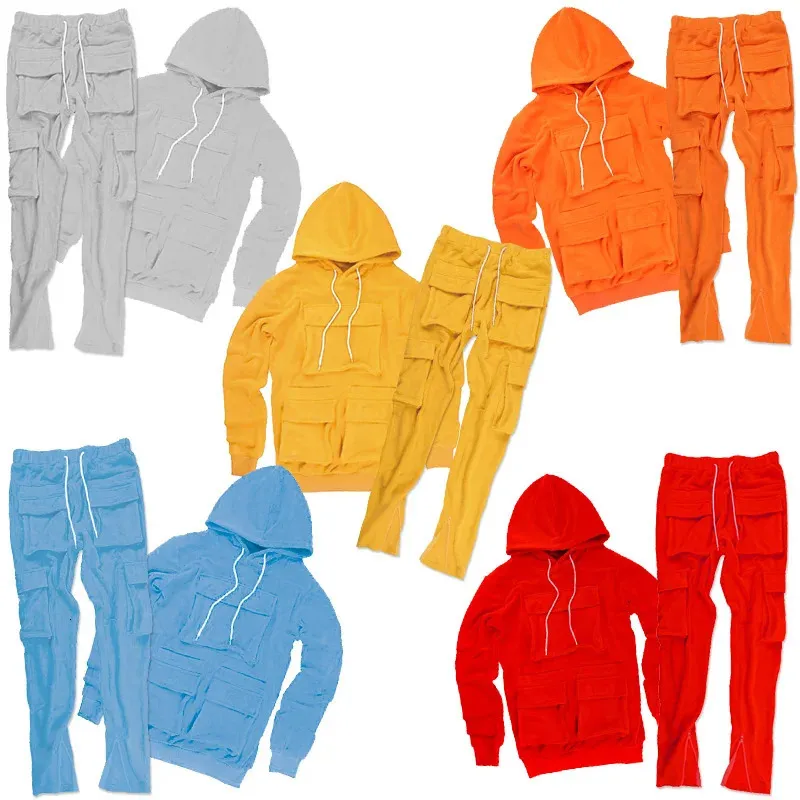 Fashionable multi pocket autumn mens two-piece product set hooded sweater set sportswear jogger mens track clothing street clothing 240326