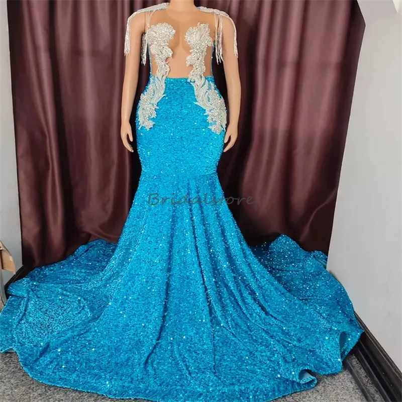 Abiti da ballo personalizzati con paillettes blu con strass di cristallo scintillante abito da sera a sirena 2024 con nappa o collo plus size abito formale brillante elegante compleanno ragazza nera