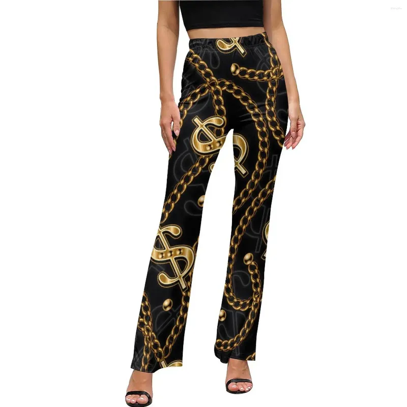 Women's Pants Gold Chain Print High Waisted USA Dollar Sign Korean Fashion Flare Daily Casual Custom Oversized Trousers