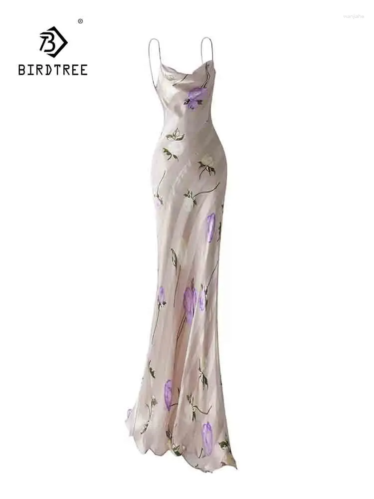 Casual Dresses Birdtree Double Layer Mulberry Silk Party Women Spaghetti Strap Floral Slim High End Fishtail Dress Summer D43565QC