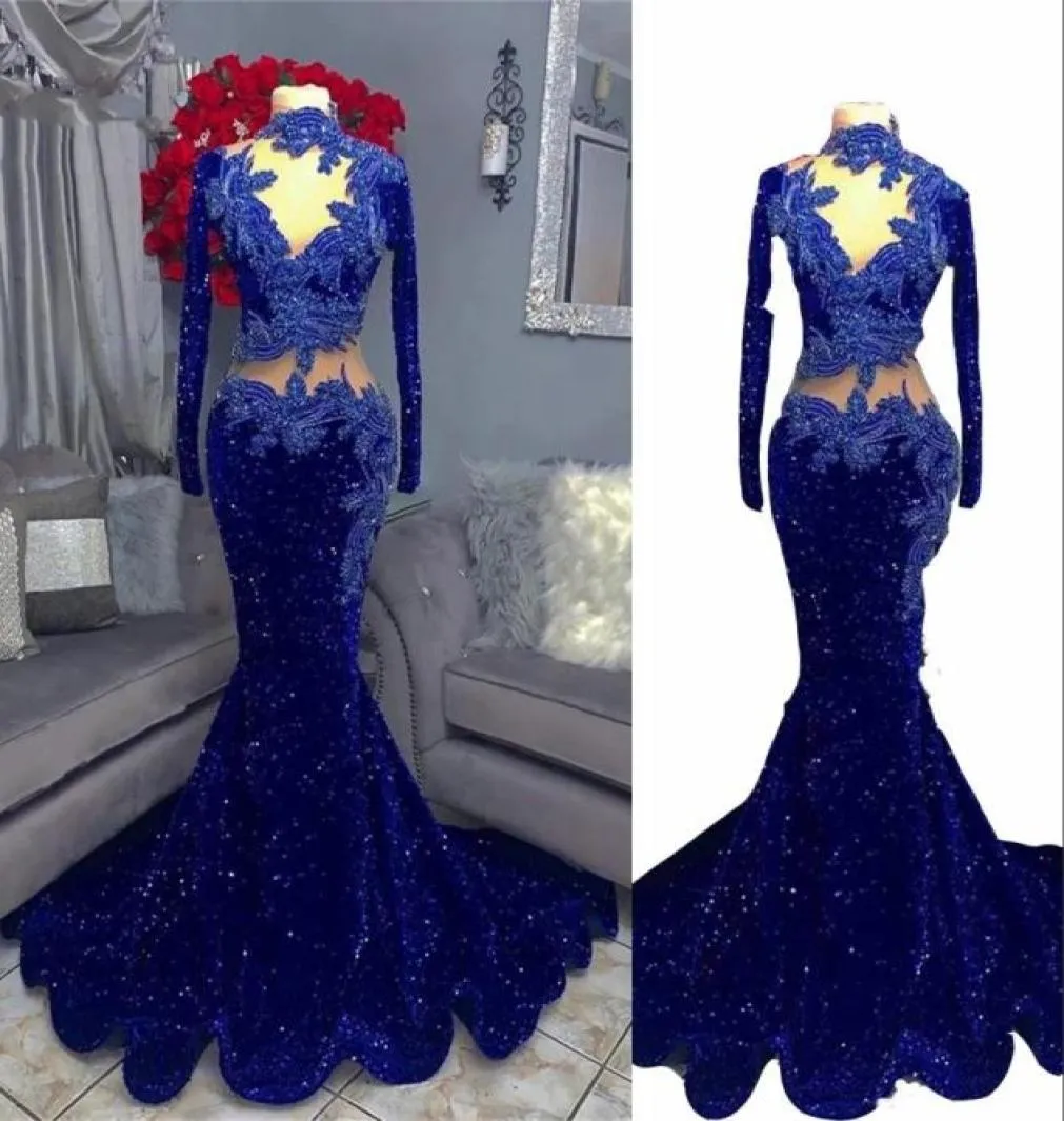2022 Królewskie Niebieskie sukienki wieczorowe Noś czarne dziewczyny cekinowe Koronki Wyglądanie przez długie rękawy koronkowe aplikacje Krzyki
