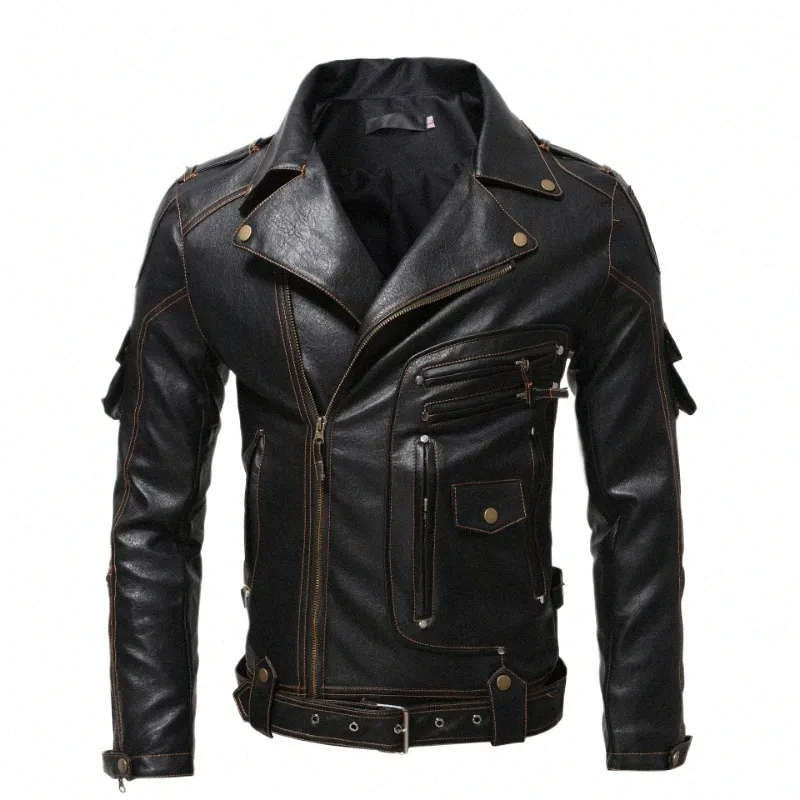 Veste de moto vintage multi-zip avec revers veste en cuir multi-poches en cuir Pu m207 #