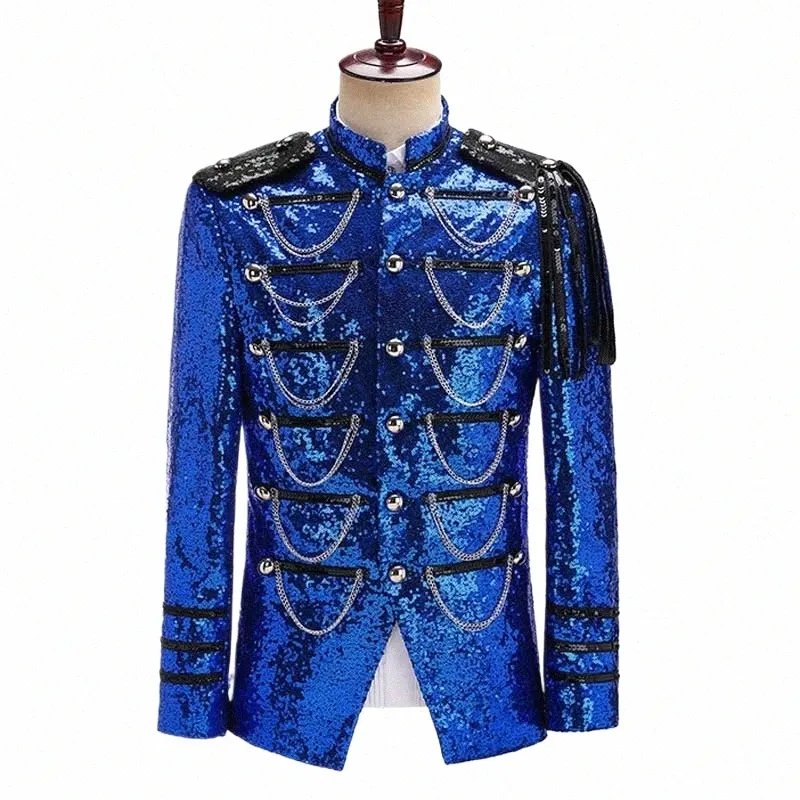 royal Blue Sequin Embellished Military Blazer Jacket Men Stage Party Prom Mens Tuxedo Suit Jacket Singer Show DJ Costume Homme E0X5#